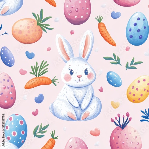 Cute bunny surrounded by colorful eggs and carrots in a playful pattern