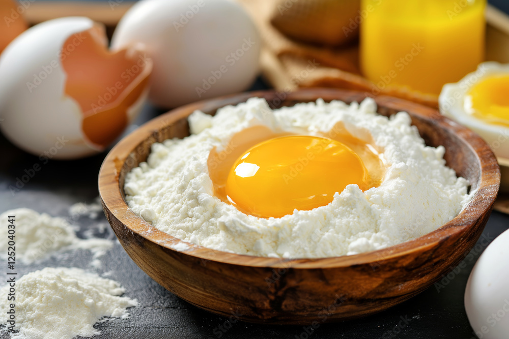 Fresh egg yolk in flour creating dough for baking Fresh egg yolk in flour creating dough for baking