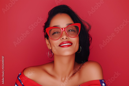 Stylish woman wearing patriotic outfit with retro style, red background