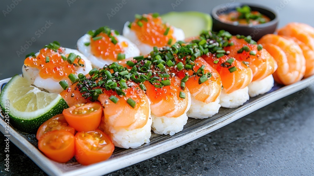 Sushi platter with salmon, rice, and toppings Sushi platter with salmon, rice, and toppings