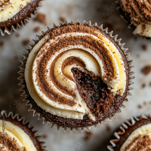 Tiramisu Cupcake with Swirled Frosting and Chocolate Filling  photo