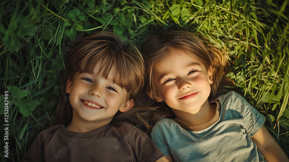 A smiling sibling duo lying together on the grass in a park, bonding through playful childhood games. A smiling sibling duo lying together on the grass in a park, bonding through playful childhood games.