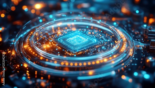 Wallpaper Mural Abstract close-up of a futuristic computer chip surrounded by glowing circuits in blue and orange, showcasing modern technology and digital innovation. Torontodigital.ca
