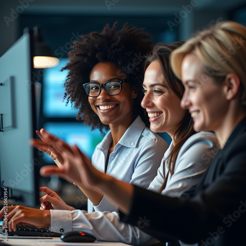 a group of women sitting at a computer