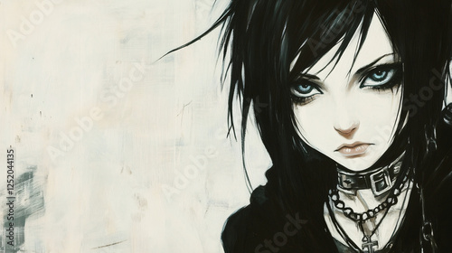 Anime-Style Illustration of a Gothic Girl with Black Hair, Dressed in Dark Aesthetic Clothing, Representing Alternative Fashion and Artistic Expression photo