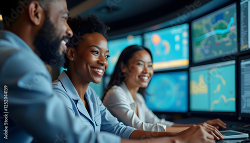 a group of people sitting in front of computer monitors