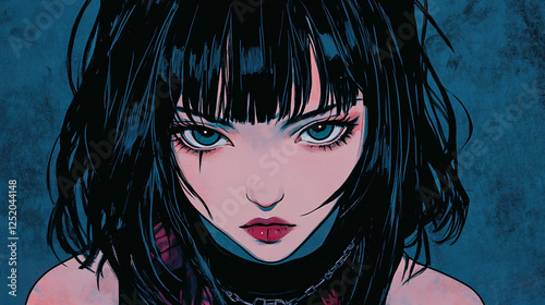 Anime-Style Illustration of a Gothic Girl with Black Hair, Dressed in Dark Aesthetic Clothing, Representing Alternative Fashion and Artistic Expression photo