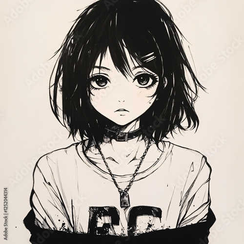 Anime-Style Illustration of a Gothic Girl with Black Hair, Dressed in Dark Aesthetic Clothing, Representing Alternative Fashion and Artistic Expression photo