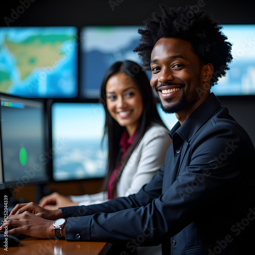 a man and a woman sitting in front of computer monitors