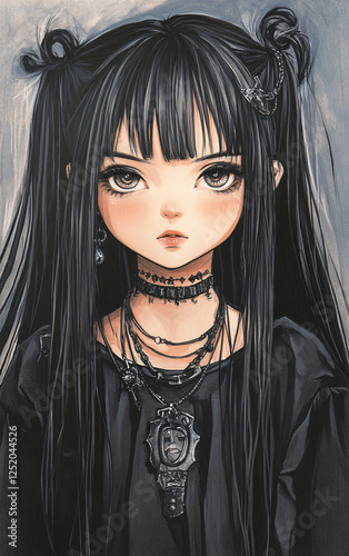 Anime-Style Illustration of a Gothic Girl with Black Hair, Dressed in Dark Aesthetic Clothing, Representing Alternative Fashion and Artistic Expression photo