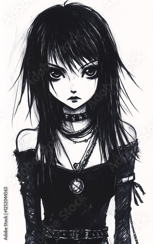 Anime-Style Illustration of a Gothic Girl with Black Hair, Dressed in Dark Aesthetic Clothing, Representing Alternative Fashion and Artistic Expression photo