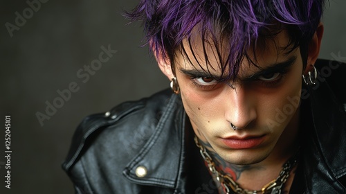 Intense young man with purple hair and piercings wearing a black leather jacket and chains, staring fiercely at the camera against a dark moody background