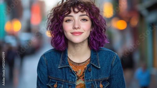 Wallpaper Mural Smiling young woman with curly purple hair wearing a denim jacket, standing on a vibrant city street in soft evening light Torontodigital.ca