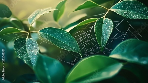 Captivating close-up of water droplets on a spiderweb nestled among fresh green leaves in morning light. Generative AI