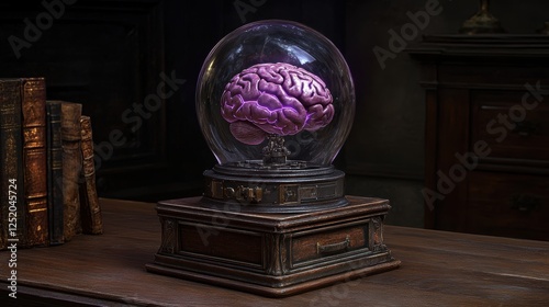 Glowing purple brain inside a vintage glass dome on an old wooden desk, symbolizing knowledge, neuroscience, and epilepsy awareness in a steampunk-inspired setting