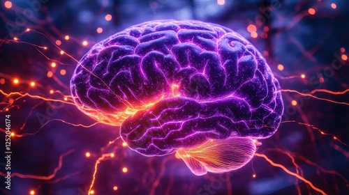 Glowing purple brain with neural electric impulses, symbolizing intelligence, neuroscience, and epilepsy awareness in a futuristic setting