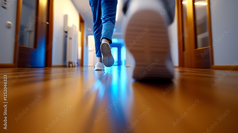 Fototapeta premium A person walking down a bright hallway with wooden floors, showcasing movement and tranquility