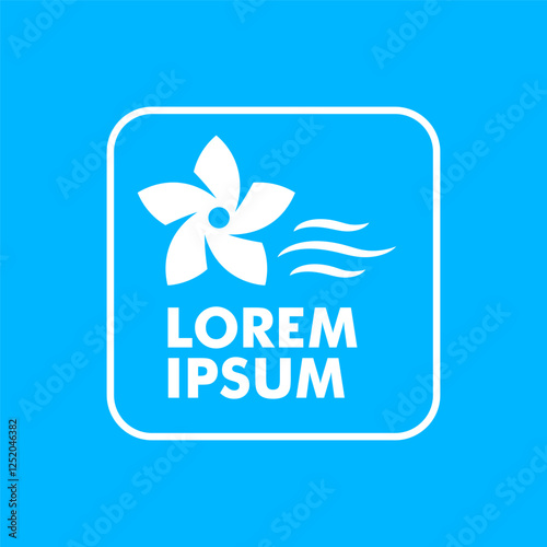 Air conditioning logo template. Fan and air flow sign on blue background. Concept of equipment sales, repair and maintenance 