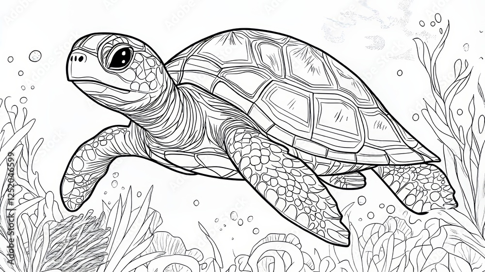 Fototapeta premium Cute Sea Turtle Cartoon Coloring Page For Kids