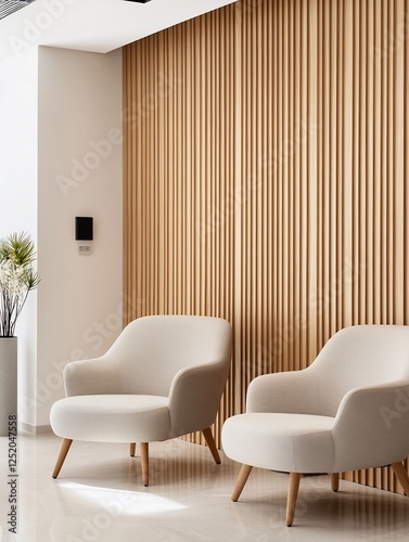 Modern waiting area with light beige armchairs and wooden wall panels photo