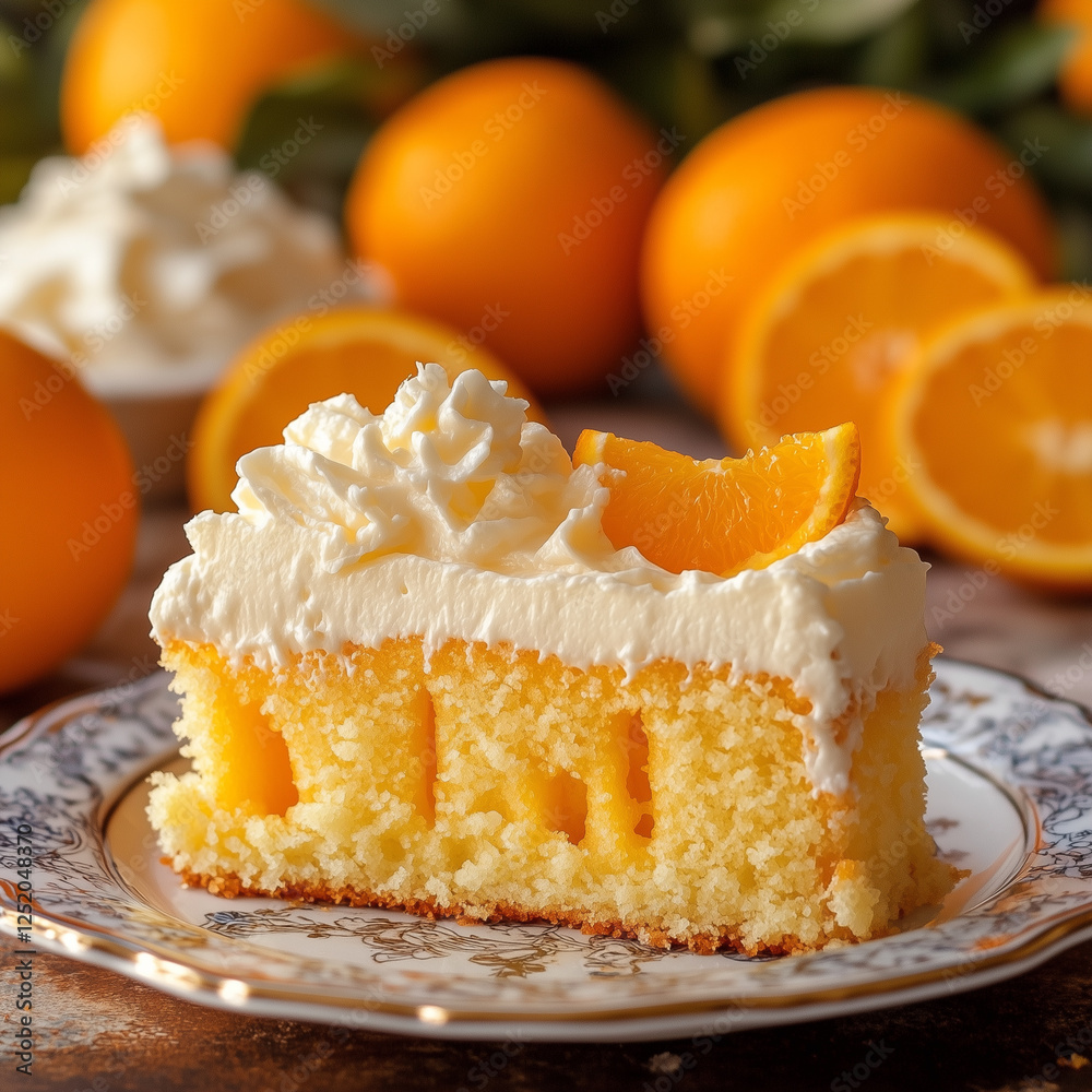 Orange Poke Cake Slice with Whipped Cream and Fresh Orange Garnish Orange Poke Cake Slice with Whipped Cream and Fresh Orange Garnish