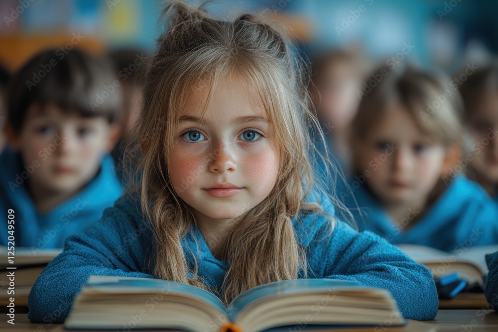 A focused girl reading in a classroom surrounded by peers. A focused girl reading in a classroom surrounded by peers.