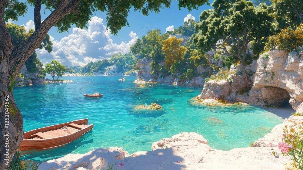 Obraz premium Secluded cove, turquoise water, boat, summer