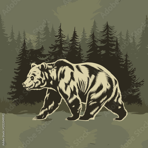 Bear Roaming in Pine Forest Vector Illustration