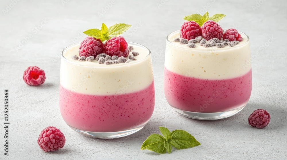 Two glasses of raspberry dessert, white and pink layers, topped with fresh raspberries and chocolate chips, light gray background Two glasses of raspberry dessert, white and pink layers, topped with fresh raspberries and chocolate chips, light gray background