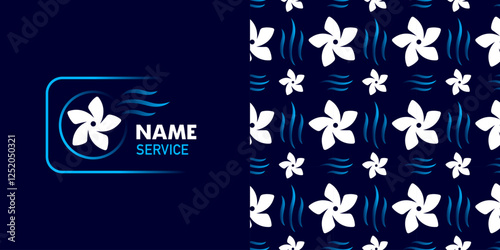 Air conditioning logo on a blue background. Air conditioning concept, equipment sales, repair and maintenance. Seamless background for textiles, holiday packaging