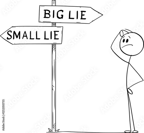 Person on crossroad choosing between big and small lie , vector cartoon stick figure or character illustration.