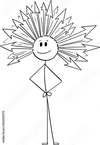 Person thinking with ideas coming from head , vector cartoon stick figure or character illustration.