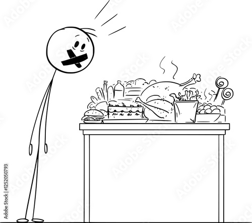 Person on diet looking hungry at table full of food , vector cartoon stick figure or character illustration.