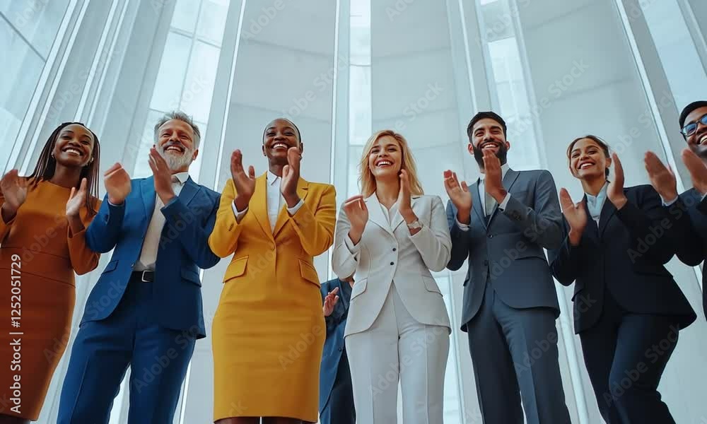 Diverse Group Of Professionals Applauding In Modern Office Space With Bright Lighting Diverse Group Of Professionals Applauding In Modern Office Space With Bright Lighting