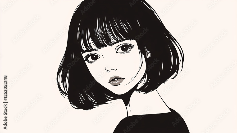 Minimalist Black-and-White Illustration of a Stylish Young Woman with a Short Bob Haircut, Wearing a Simple Dress Minimalist Black-and-White Illustration of a Stylish Young Woman with a Short Bob Haircut, Wearing a Simple Dress