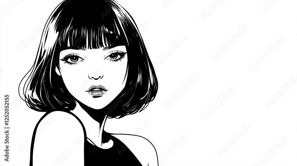 Minimalist Black-and-White Illustration of a Stylish Young Woman with a Short Bob Haircut, Wearing a Simple Dress Minimalist Black-and-White Illustration of a Stylish Young Woman with a Short Bob Haircut, Wearing a Simple Dress