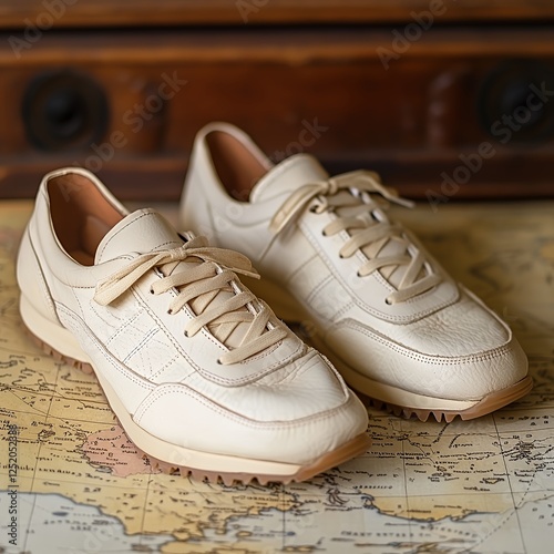 Two Cream-Colored Sneakers Resting on an Old Map, Showcasing Vintage Design and Texture Details With a Rustic Wooden Backdrop