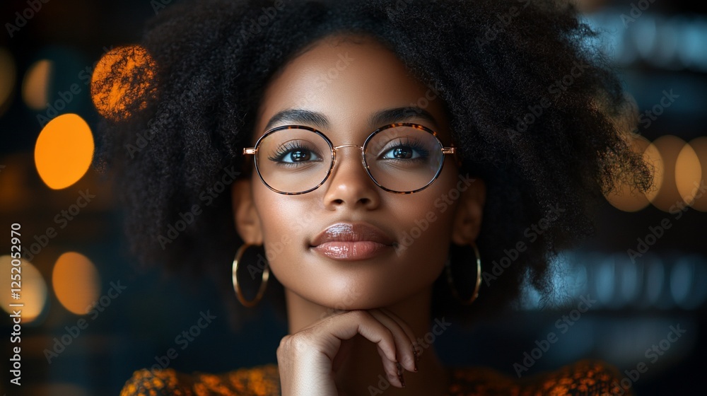 Fototapeta premium Confident woman, glasses, night bokeh, hand chin