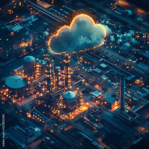 A cityscape with a large cloud hovering over it. The city is lit up with bright lights, giving it a futuristic and industrial feel. The cloud is illuminated with lights
