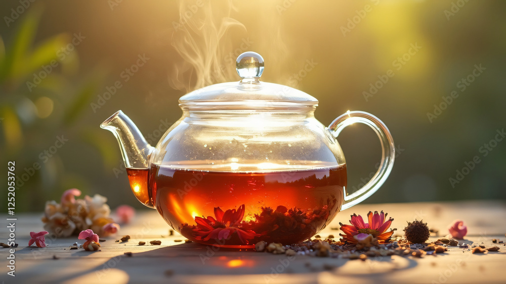 A glass teapot with herbal tea and floating dried flowers, set against a softly lit background A glass teapot with herbal tea and floating dried flowers, set against a softly lit background