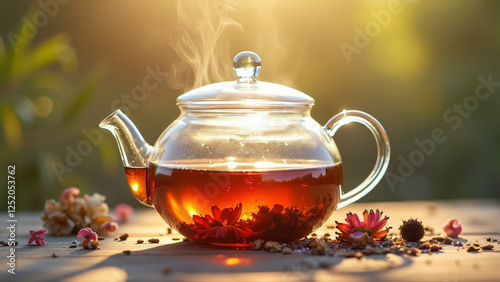 A glass teapot with herbal tea and floating dried flowers, set against a softly lit background