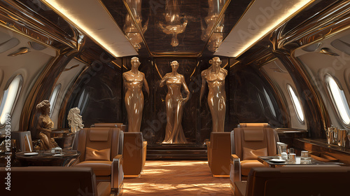 First class seats inside a boeing jumbo jet airplane from the german airline. generative ai. Gargantuan Statues. Illustration