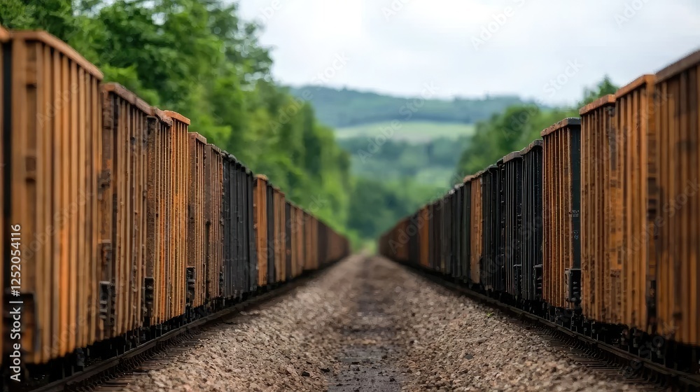 Obraz premium Long freight train on railway tracks, rural landscape background. Industrial transport image