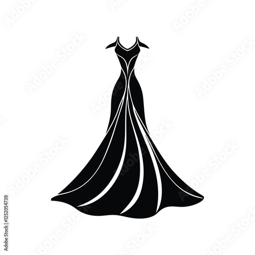 Contemporary fashion gown silhouette vector illustration showcasing a beautifully flowing dress design ideal for boutique branding and fashion logos
