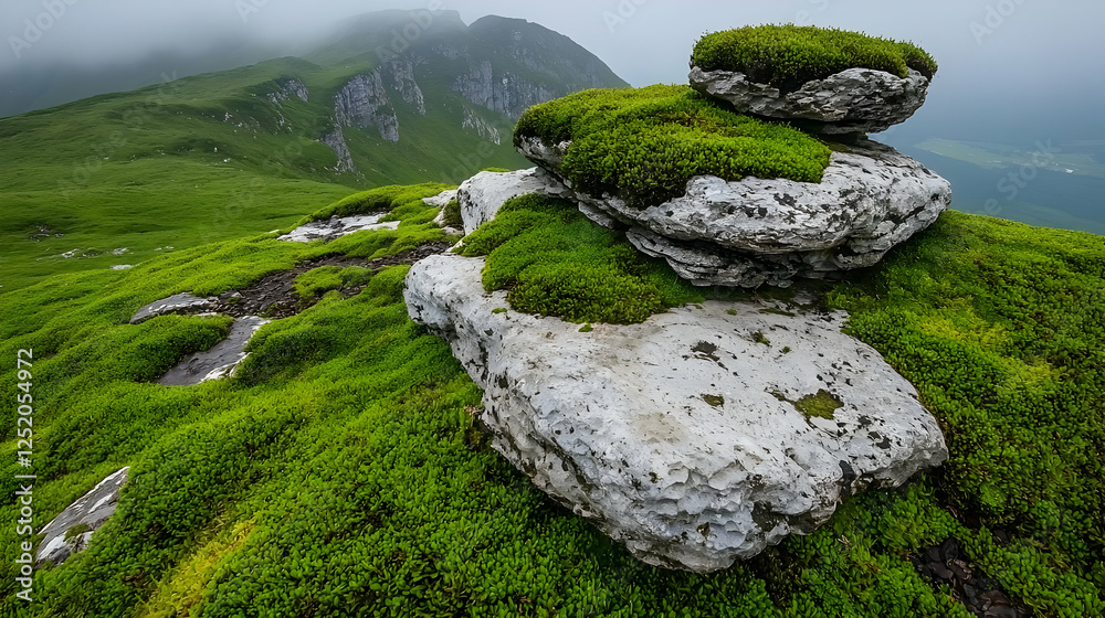 Mossy rocks on misty mountain peak; scenic landscape; nature wallpaper Mossy rocks on misty mountain peak; scenic landscape; nature wallpaper