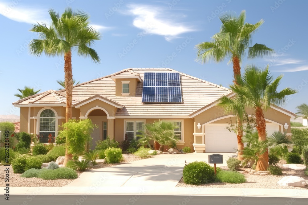 Fototapeta premium Beige stucco house with solar panels on the roof, surrounded by palm trees and landscaping, on a sunny day