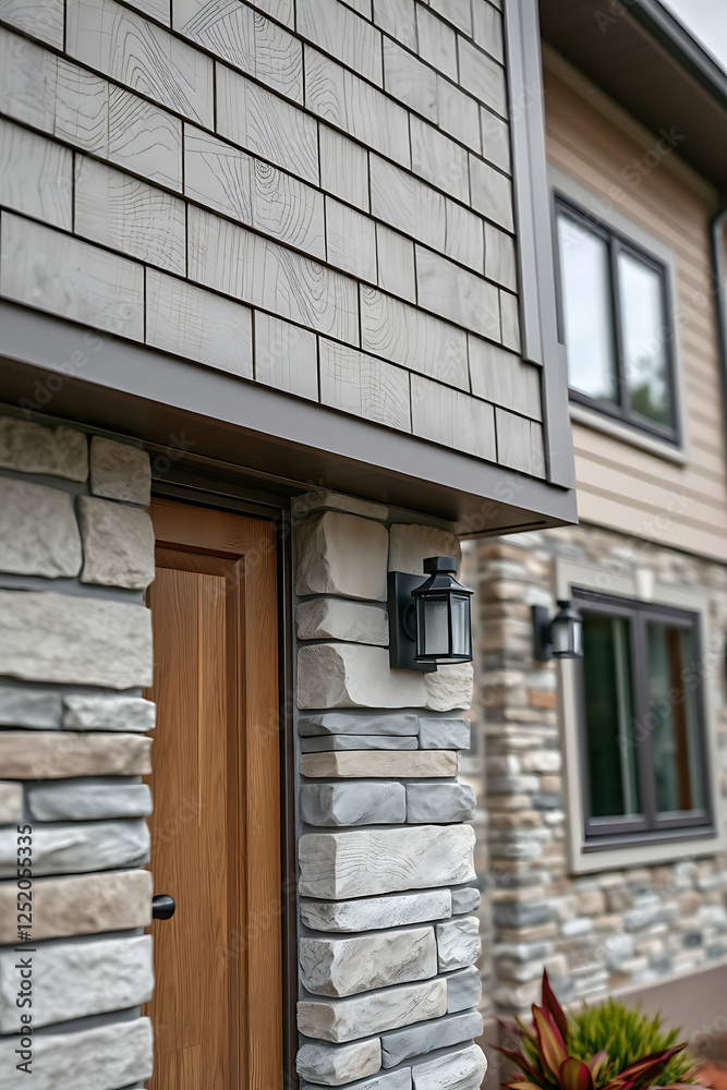 Fototapeta premium Modern House Exterior with Stone and Wood Design. Contemporary Architecture, Real Estate, Residential Property, Facade, and Stylish Home Entrance.