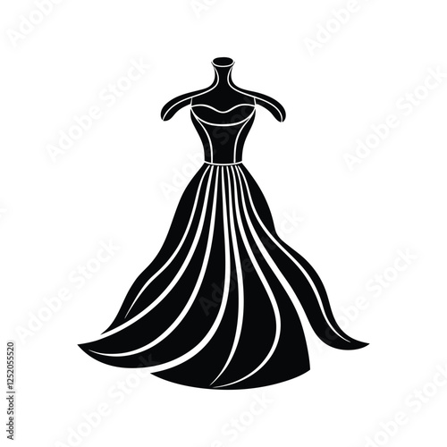 Minimalist wedding dress silhouette vector, modern bridal gown icon, elegant marriage outfit, stylish wedding fashion, classic bride gown design.

