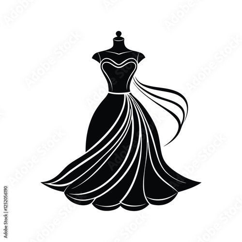 Elegant wedding dress silhouette vector illustration, bridal gown icon, fashion design, wedding attire symbol, stylish bride dress silhouette art.
