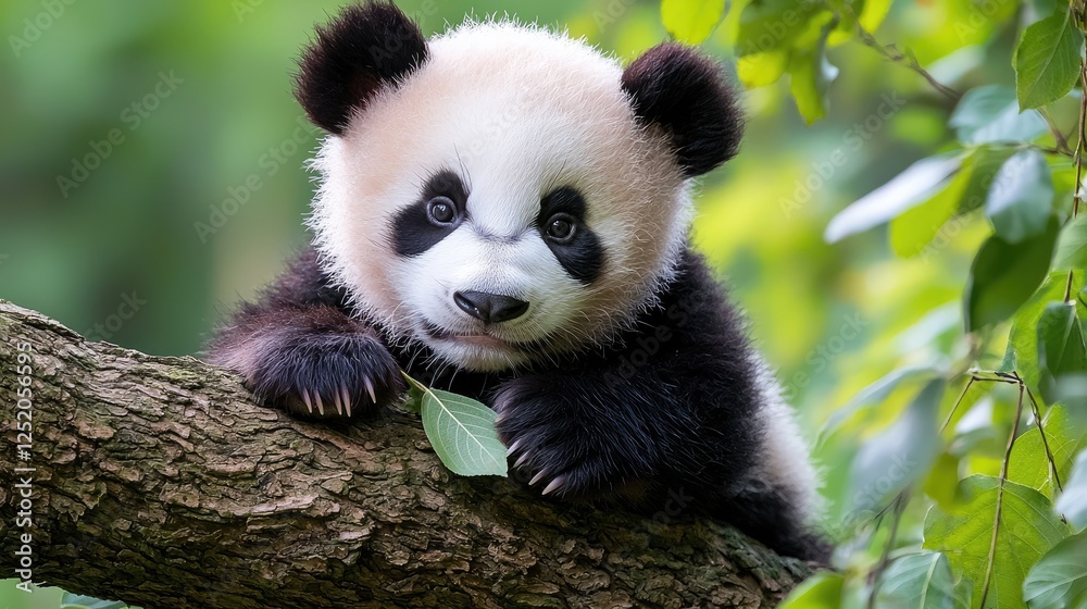 Obraz premium Cute baby panda eating leaf in tree